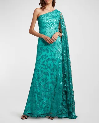 One-Shoulder Sequin Lace Cape Gown