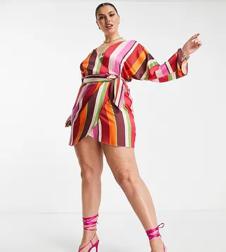ASOS DESIGN Curve wrap mini dress in 70s stripe print