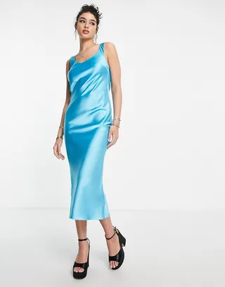 ASOS DESIGN scoop neck midi satin slip dress in blue