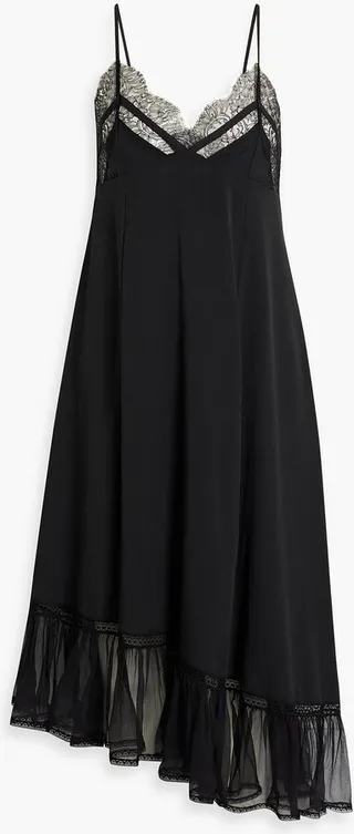 Asymmetric lace-trimmed ruffled chiffon midi dress