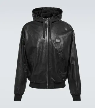 Logo hooded leather jacket