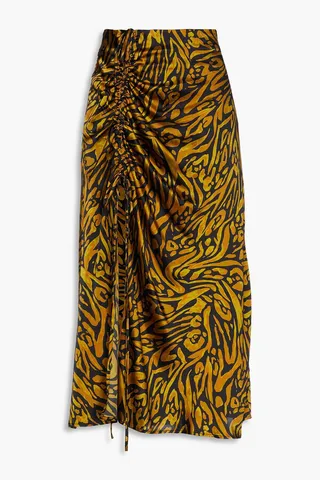 Lia ruched printed silk-satin midi skirt
