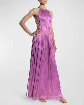 Valeria Lace-Up Cutout Plisse Halter Gown