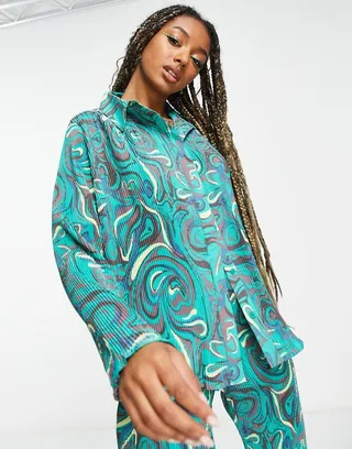 Daisy Street relaxed shirt in plisse swirl - part of a set