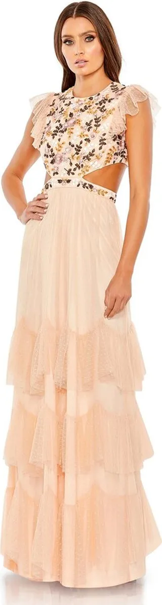 Embroidered Bodice Cap Sleeve Ruffle Tiered Gown