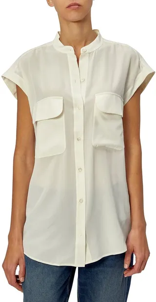 Covisa Short-Sleeve Collared Silk Top