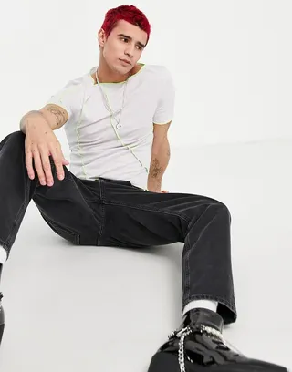 ASOS DESIGN muscle T-shirt in lilac with lime flatlock stitching