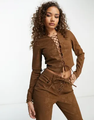 AFRM Aida long sleeve lace up graphic top in mocha - part of a set