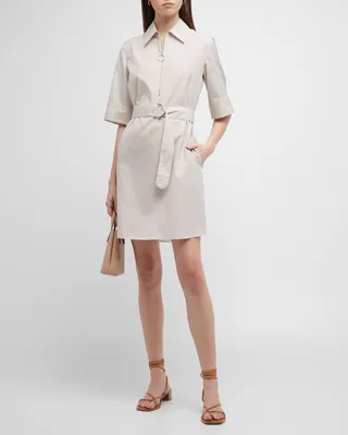 Stripe Belted Zip-Front Poplin Shirtdress