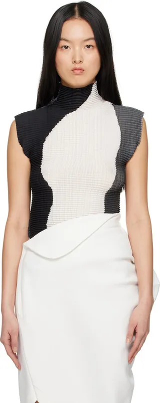 Issey Miyake Black & White Shaped Pleats Turtleneck