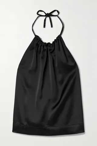 LESET - Barb Ruched Satin Halterneck Top - Black