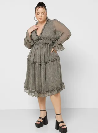 Textured Cuff Sleeve Fit & Flare Dress