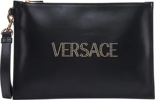 Leather clutch with studded logo