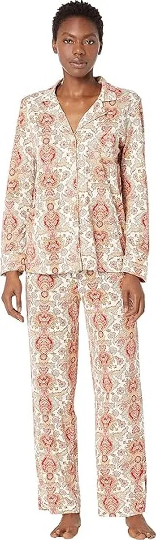 LAUREN Ralph Lauren Petite Knit Long Sleeve Notch Collar Long PJ Set (Ivory Paisley) Women's Pajama Sets