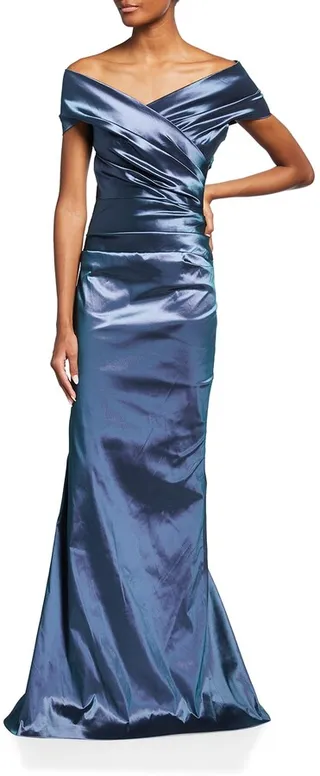 Off-Shoulder Ruched Taffeta Gown