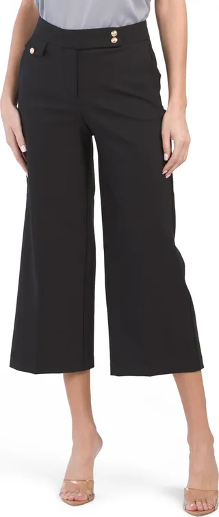 Wide Cropped Pants With Button Features