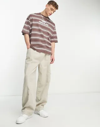 ASOS DESIGN oversized stripe T-shirt in brown & white with Los Angeles city print