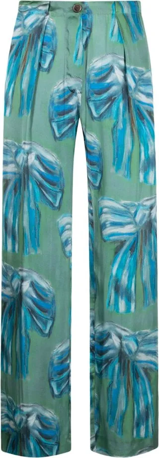 Green Bow Print Pleated Trousers