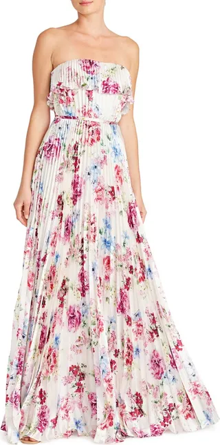 Floral Pleated Satin Strapless Gown