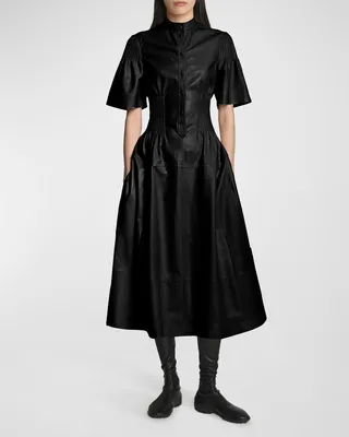 Leather Pintuck Midi Dress