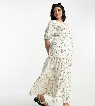 ASOS DESIGN Curve short sleeve wrap tiered midi dress in white base spot