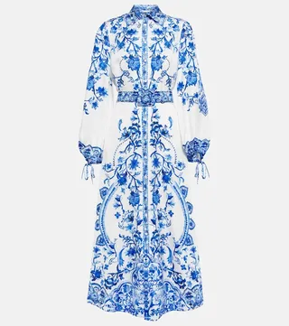 Belted printed silk midi dress
