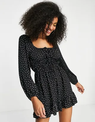 ASOS DESIGN tie front long sleeve mini tea dress in black spot