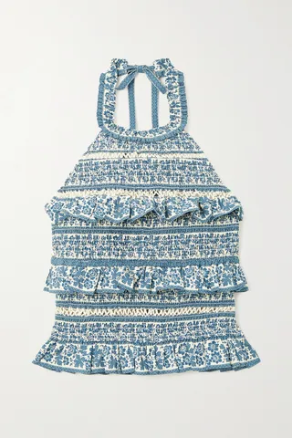 Sea - Arlo Printed Lace-trimmed Shirred Cotton-voile Halterneck Top - Blue
