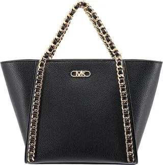 Leather handbag with metal logo on the front