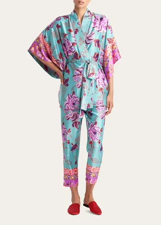 Ume Short Floral-Print Satin Robe
