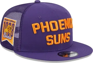 Men's New Era Purple Phoenix Suns Stacked Script 9Fifty Trucker Snapback Hat
