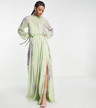 ASOS DESIGN Tall high neck maxi dress with tie waist detail and stencil floral embroidery in sage