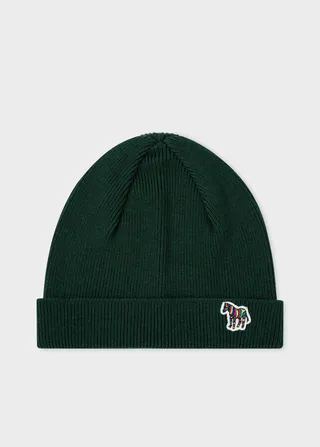 Dark Green 'Zebra' Logo Ribbed Lambswool Beanie Hat