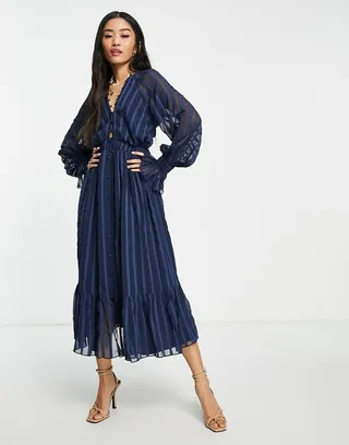 ASOS DESIGN satin stripe midi dress with blouson sleeve and button detail in navy
