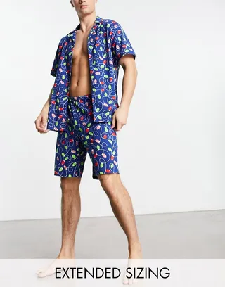 ASOS DESIGN pajama set in navy with Christmas lights print