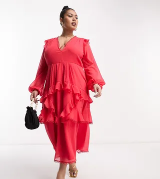 ASOS DESIGN Curve midi dress with long sleeve and circle trim in red