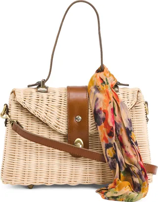Mersea Rattan And Leather Satchel With Scarf