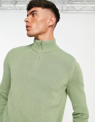 ASOS DESIGN midweight half zip cotton sweater in sage green