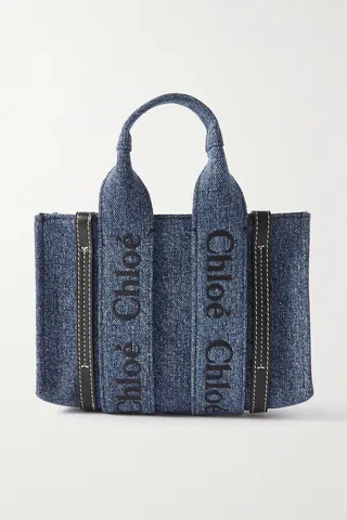 Chloé - Woody Mini Embroidered Leather-trimmed Denim Tote - Blue
