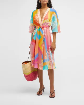 Abstract Paisley-Print Chiffon Midi Wrap Dress