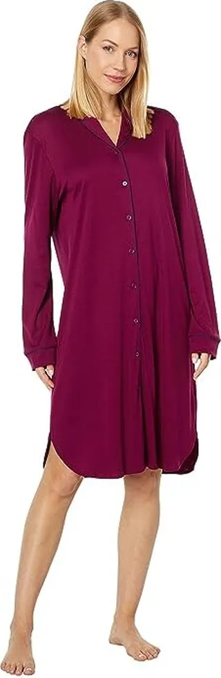 Hanro Natural Comfort Long Sleeve Button Front Gown (Plum) Women's Pajama
