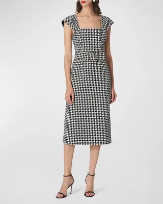 Cap-Sleeve Belted Tweed Midi Dress