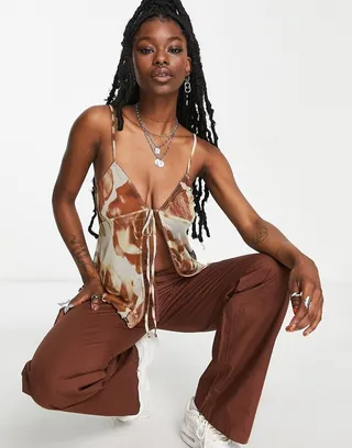 ASOS DESIGN mesh cami babydoll tie front top in brown print
