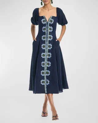 Shannon Embroidered Puff-Sleeve Midi Dress