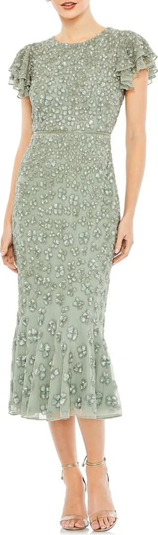 Beaded Ruffle Sleeve Midi Cocktail Dress