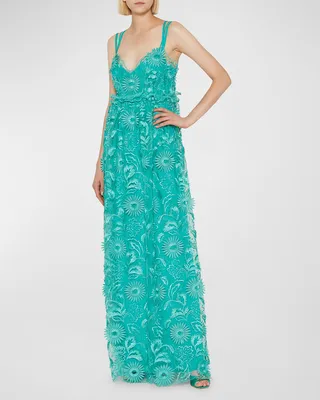 Floral Embroidered Empire-Waist Strappy Gown