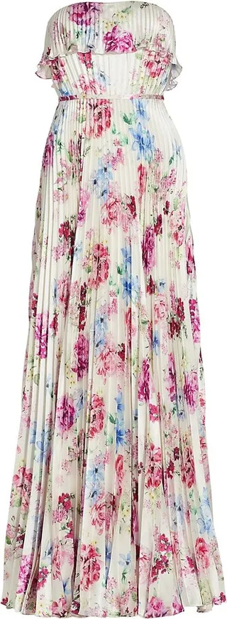 Floral Satin Strapless Dress