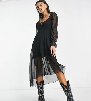 Reclaimed Vintage asymmetric hem maxi dress with puff sleeve in black