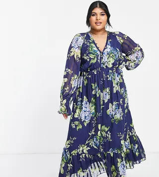 ASOS DESIGN Curve satin midi dress with blouson sleeve and button detail in navy floral print