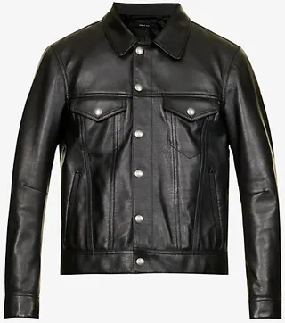 Mens Black Spread-collar Boxy-fit Leather Jacket